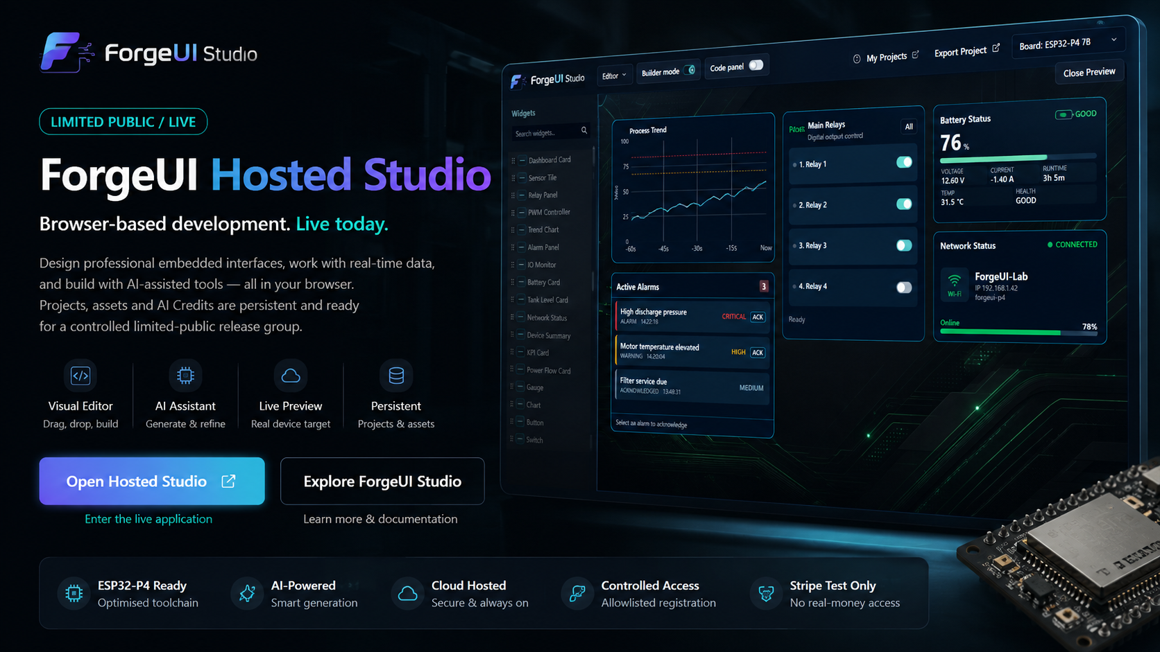 ForgeUI Hosted Studio browser workspace for ESP32 visual and code development